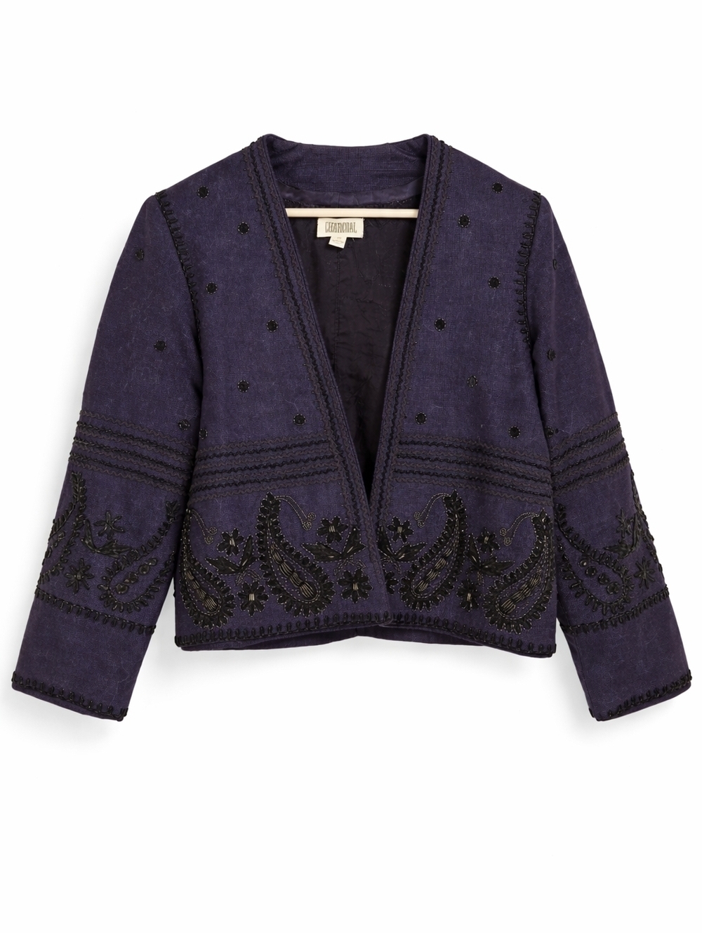 Charcoal Embroidered Beaded Bolero-Style Jacket Navy Blue 100% Cotton Size M
